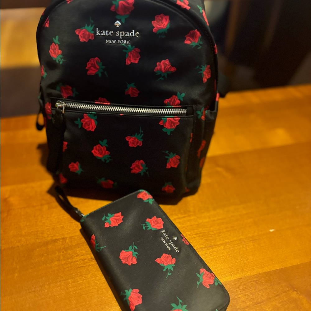 Kate Spade Black Backpack and Wallet Set with Red Floral Print.